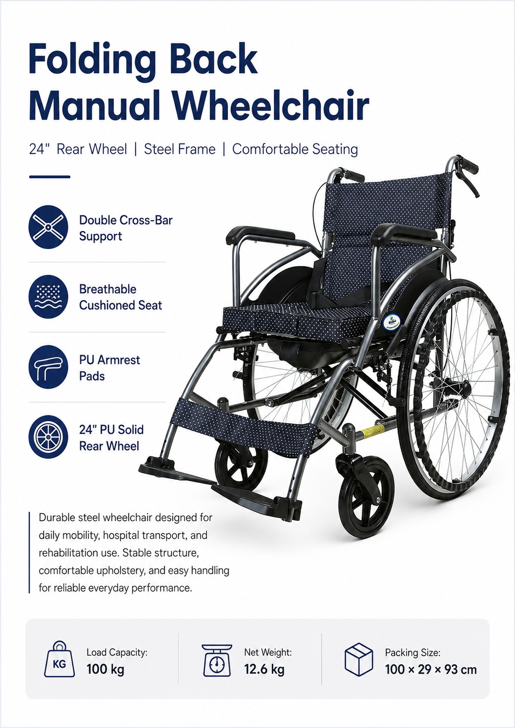 Folding Backrest Manual Wheelchair with Large Rear Wheels (1) Folding Backrest Manual Wheelchair with Large Rear Wheels (1)