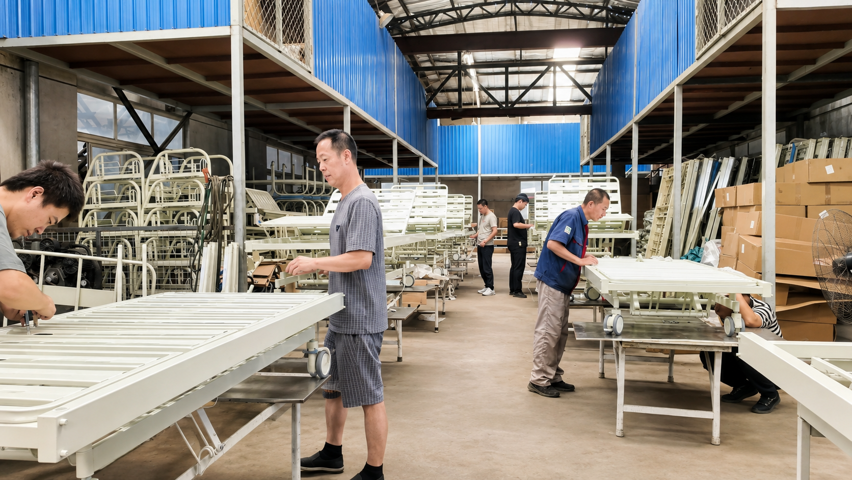 Hospital bed assembly and production at Kangli Medical factory Hospital bed assembly and production at Kangli Medical factory