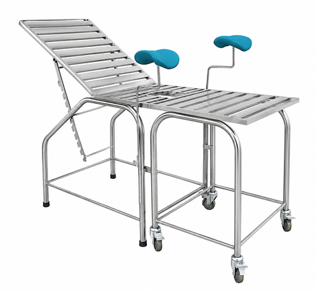 Front view of the stainless steel dual-purpose bed for gynecological examination.png