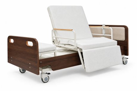 The wood-grain electric rotating care bed showcases the rotating sitting position.(3).png