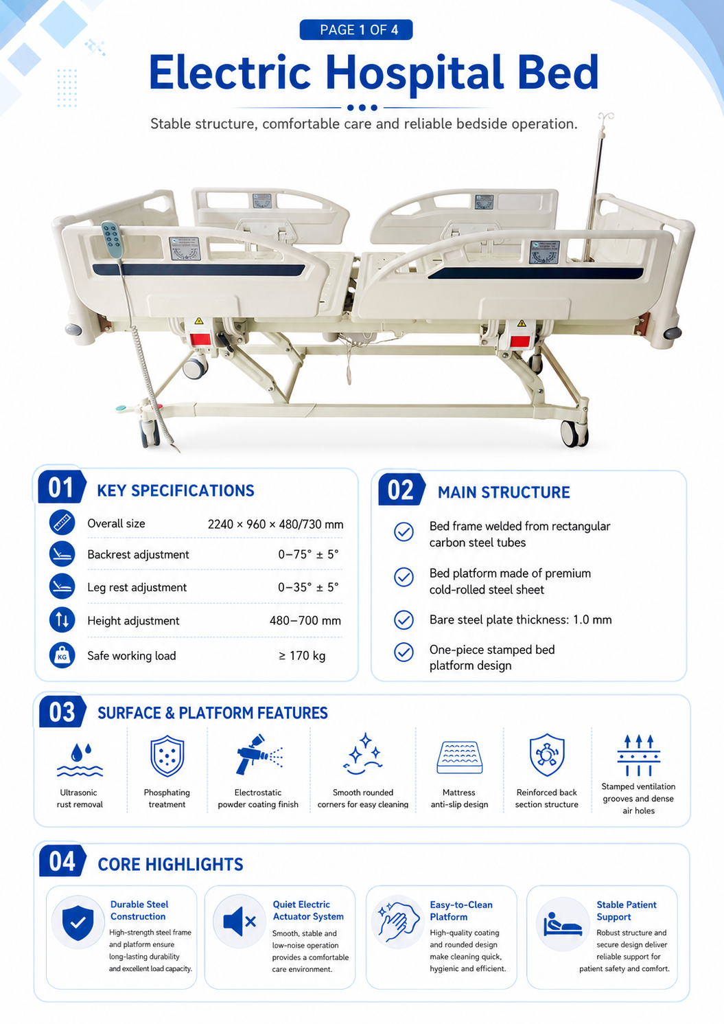 V-01 three-function electric hospital bed with blue ABS panels