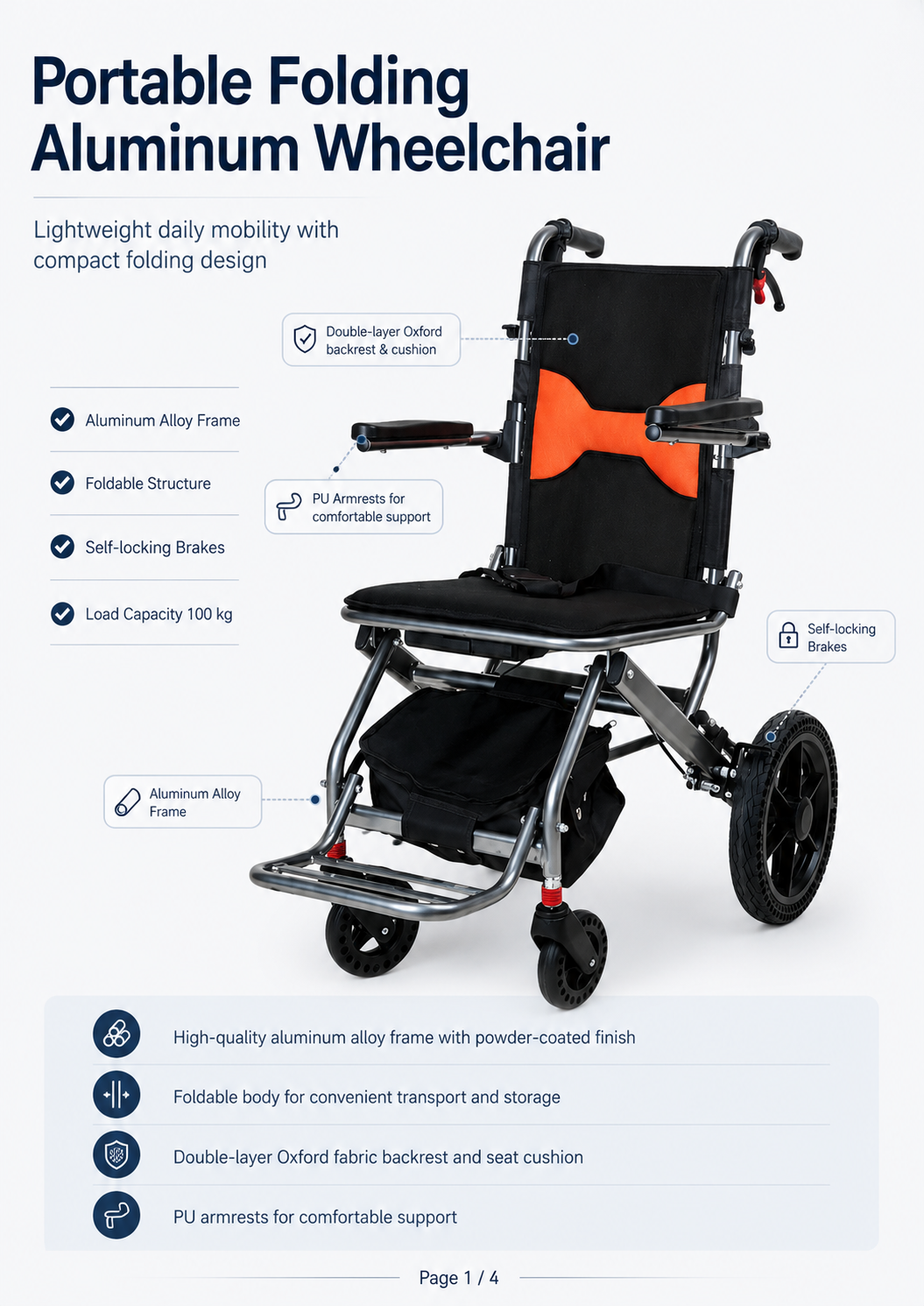 Lightweight Folding Wheelchair with 10-inch PU Rear Wheels (1)