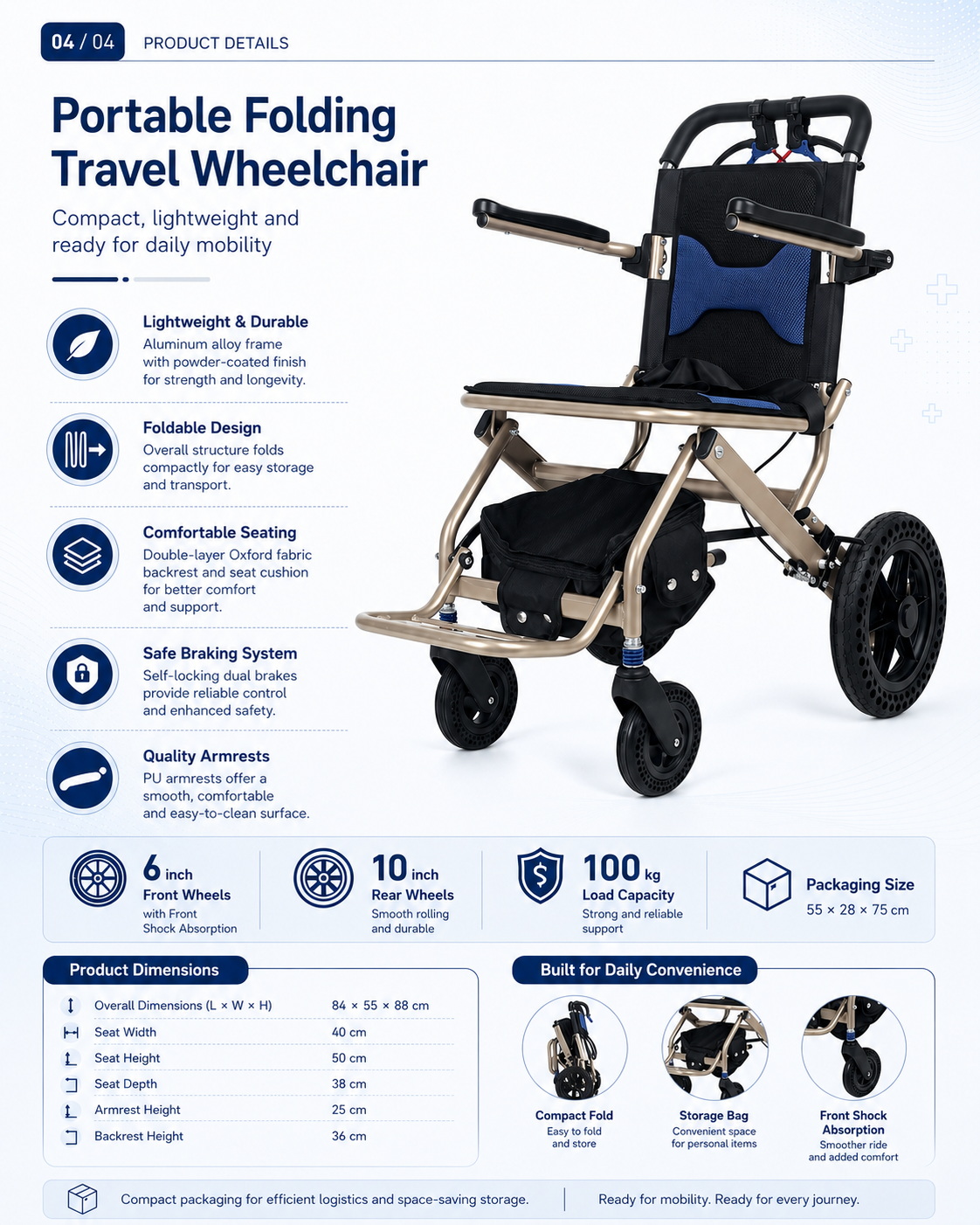 Lightweight Folding Travel Wheelchair with Honeycomb Rear Wheels (4)